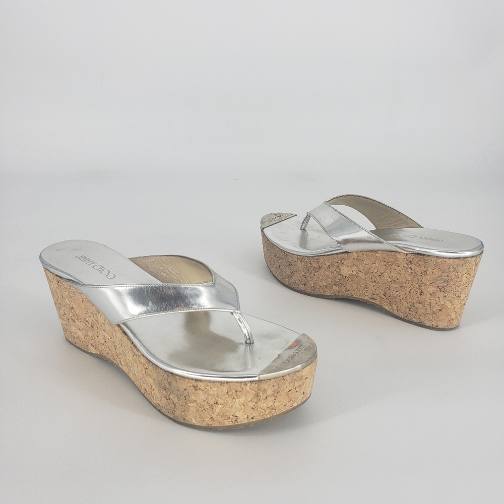 Jimmy Choo Pathos Metallic Leather Cork Wedge